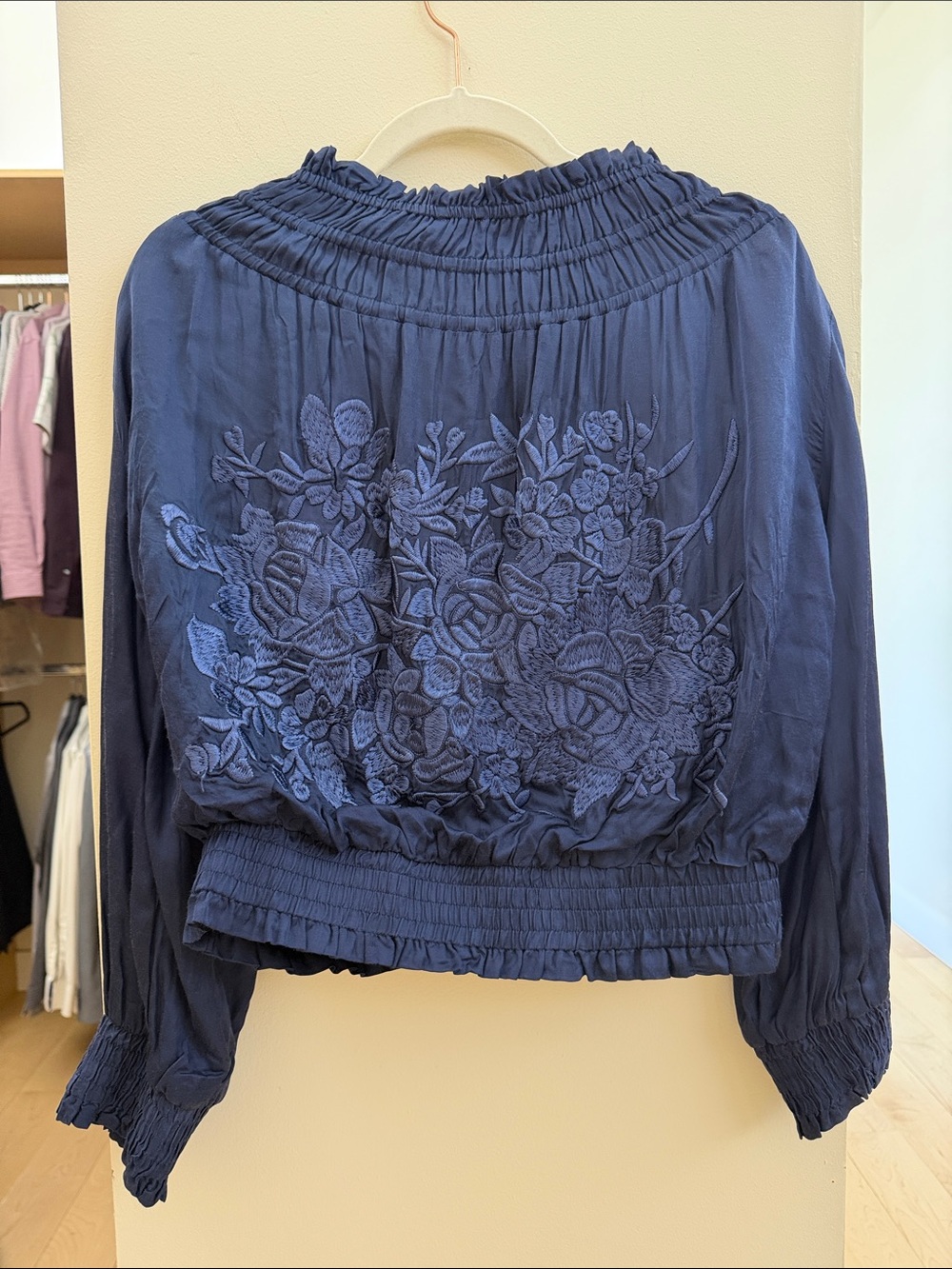 Navy Embroidered Smocked-Waist Long Sleeve Jacket